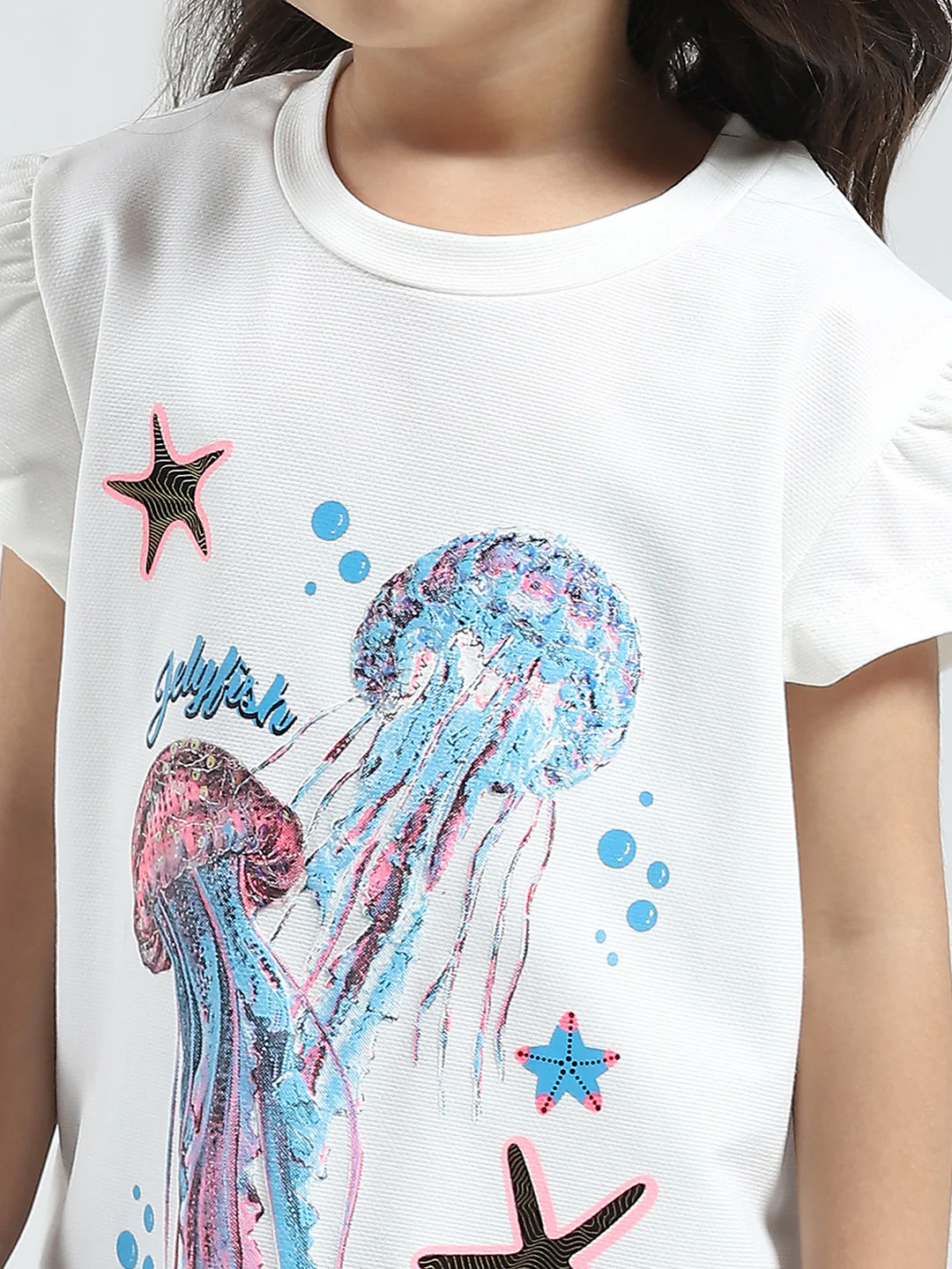 Girls White Printed Round Neck Half Sleeve Top - Image 6