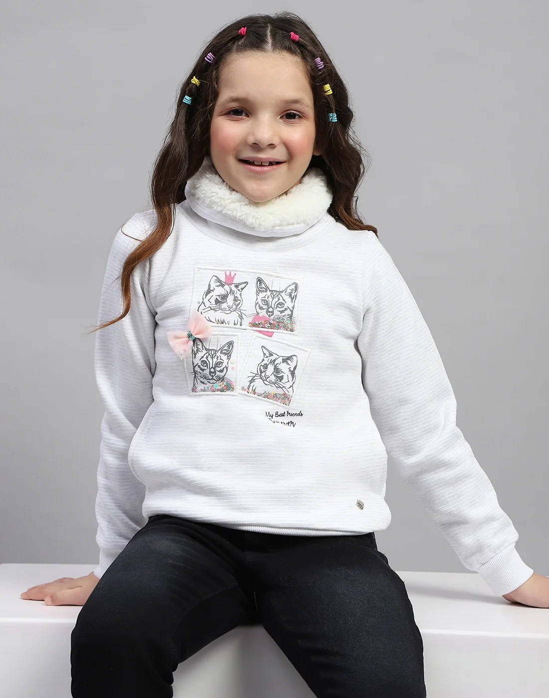 Girls White Solid High Neck Full Sleeve Sweatshirt - Image 6
