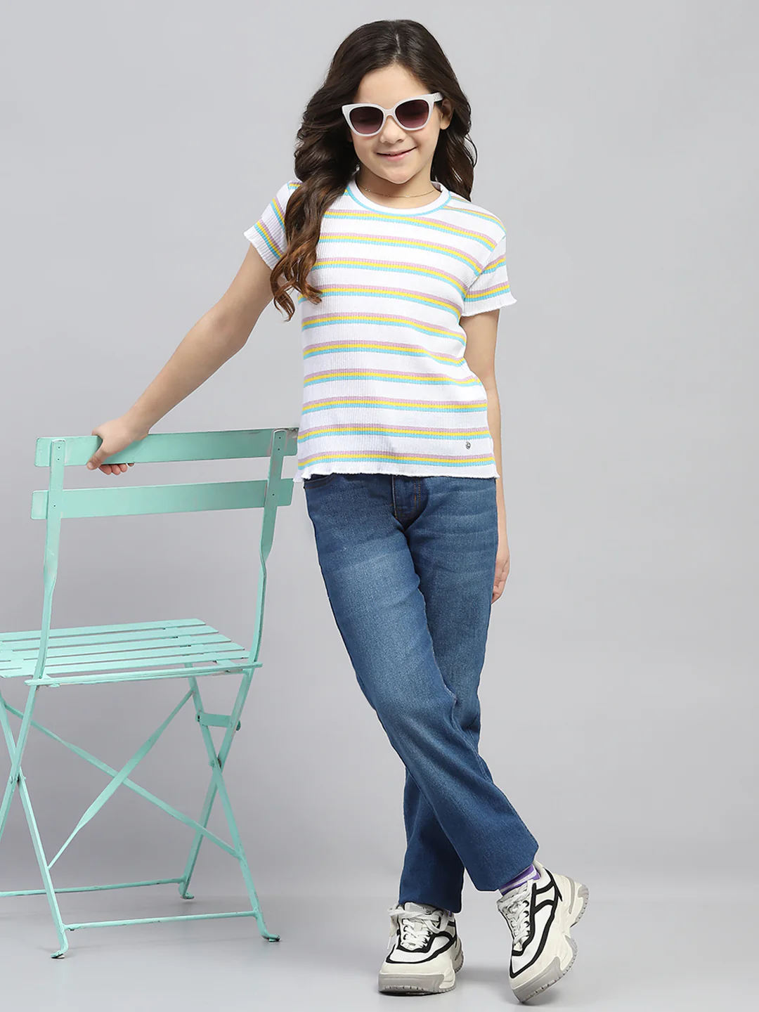 Girls White Stripe Round Neck Half Sleeve Top - Image 2
