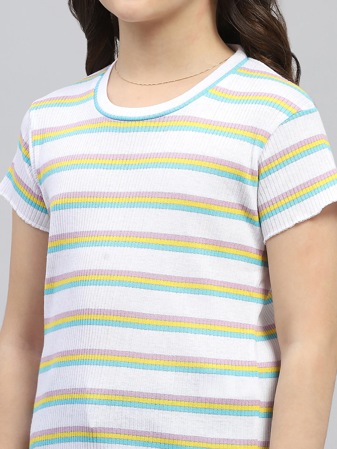 Girls White Stripe Round Neck Half Sleeve Top - Image 7