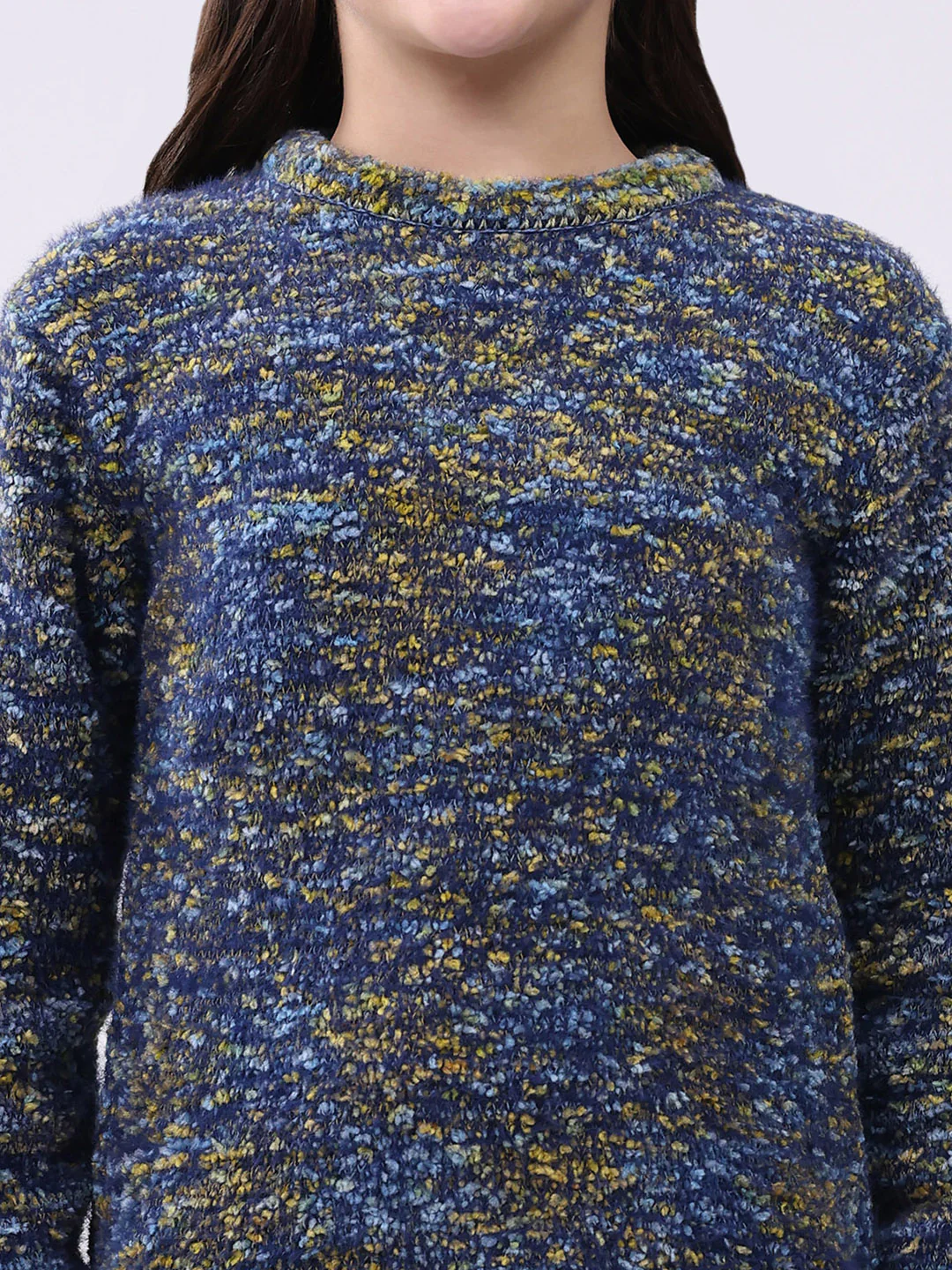 Girls Yellow & Green Self Design Round Neck Full Sleeve Pullover - Image 6