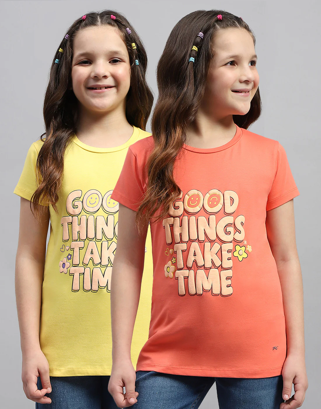 Girls Yellow & Orange Printed Round Neck Half Sleeve T-Shirt (Pack of 2) - Image 2