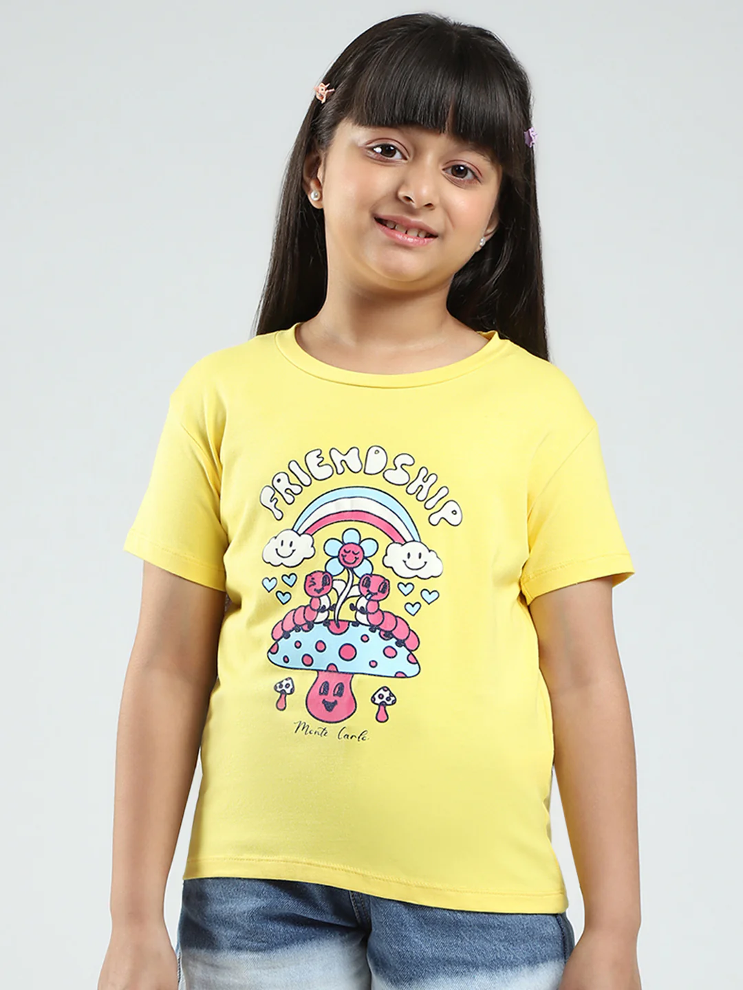 Girls Yellow & Orange Printed Round Neck Half Sleeve Top 2Pc Set - Image 3