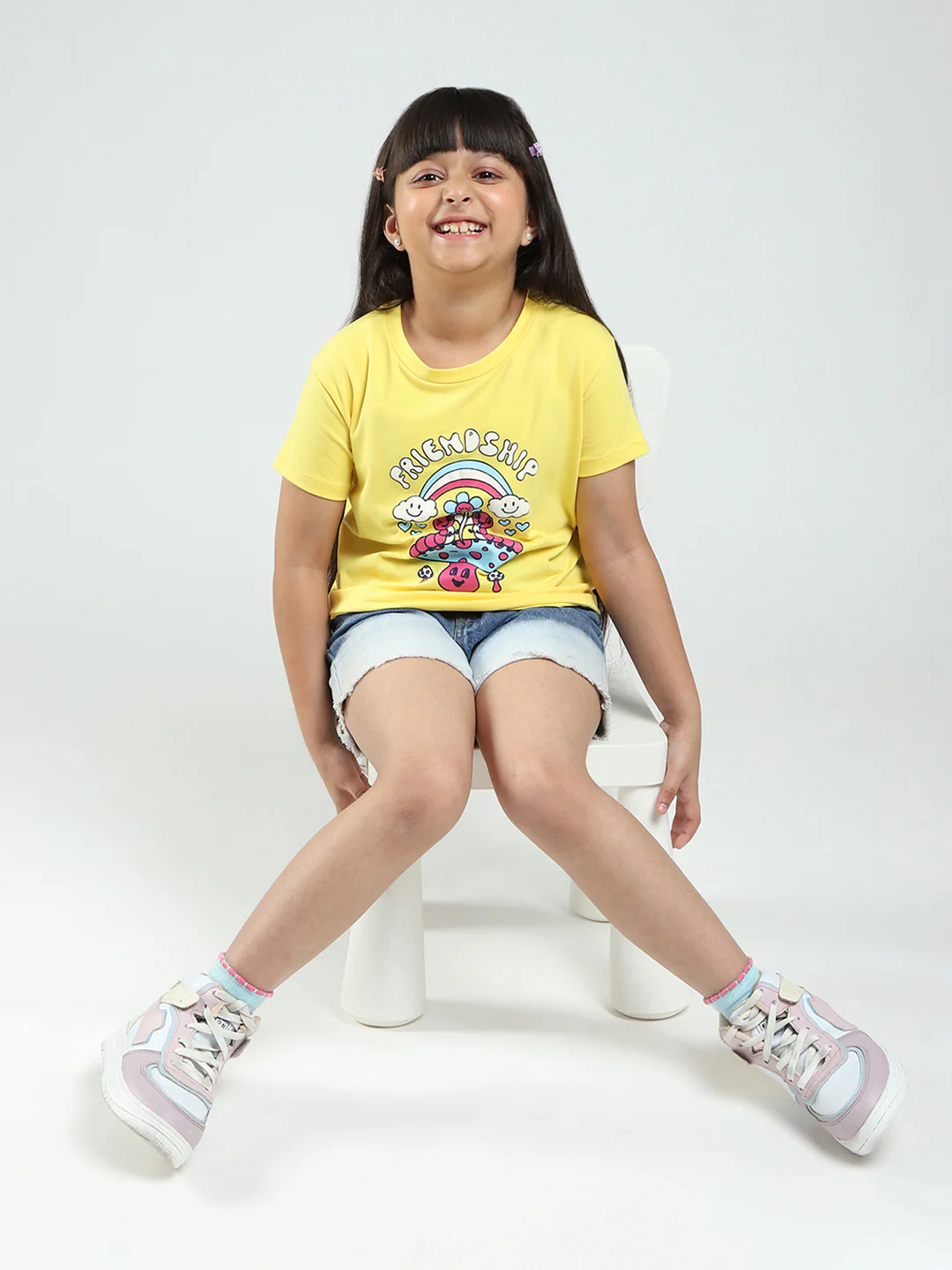 Girls Yellow & Orange Printed Round Neck Half Sleeve Top 2Pc Set - Image 6