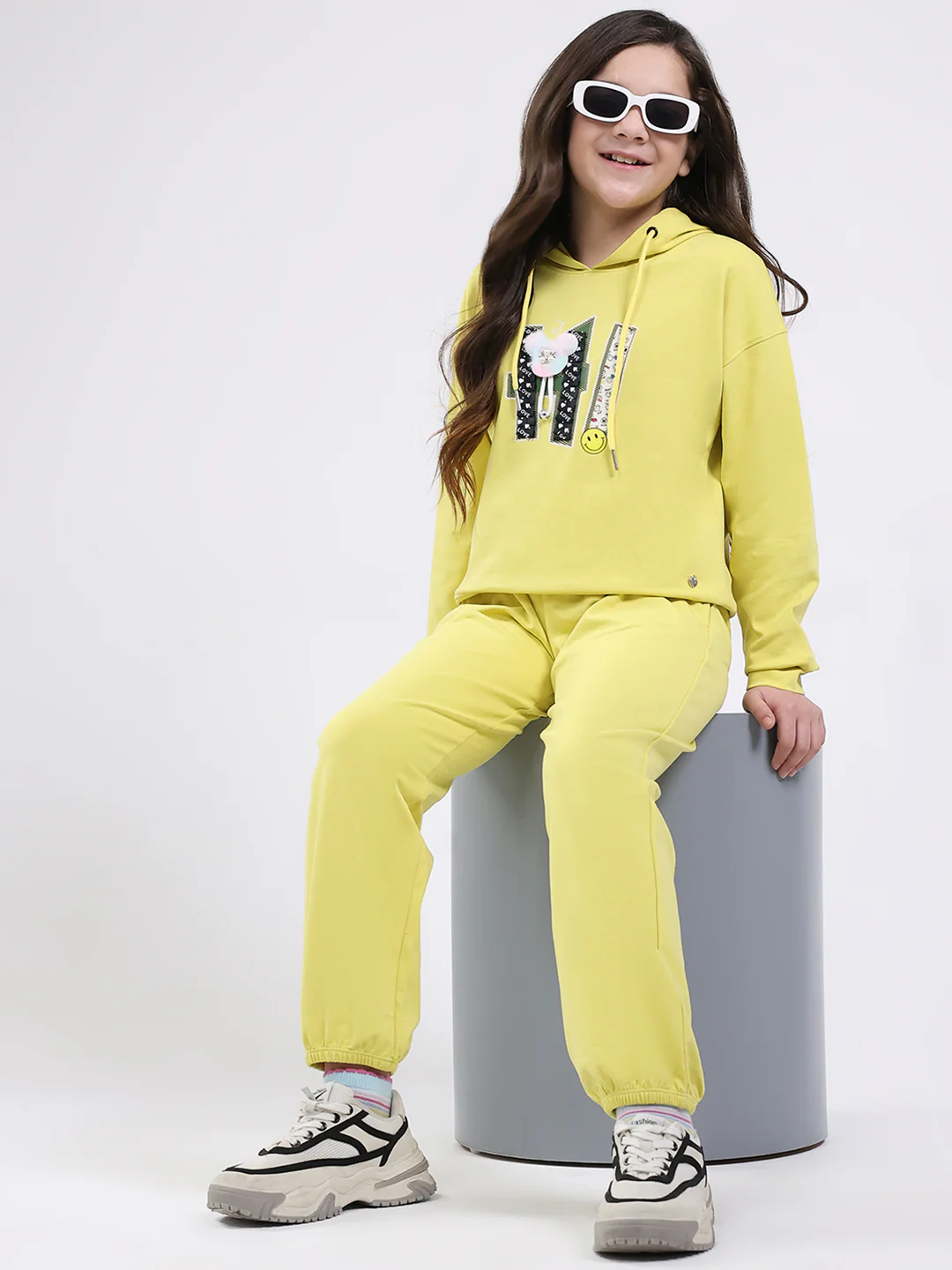 Girls Yellow Printed Hooded Full Sleeve Cords Set - Image 2