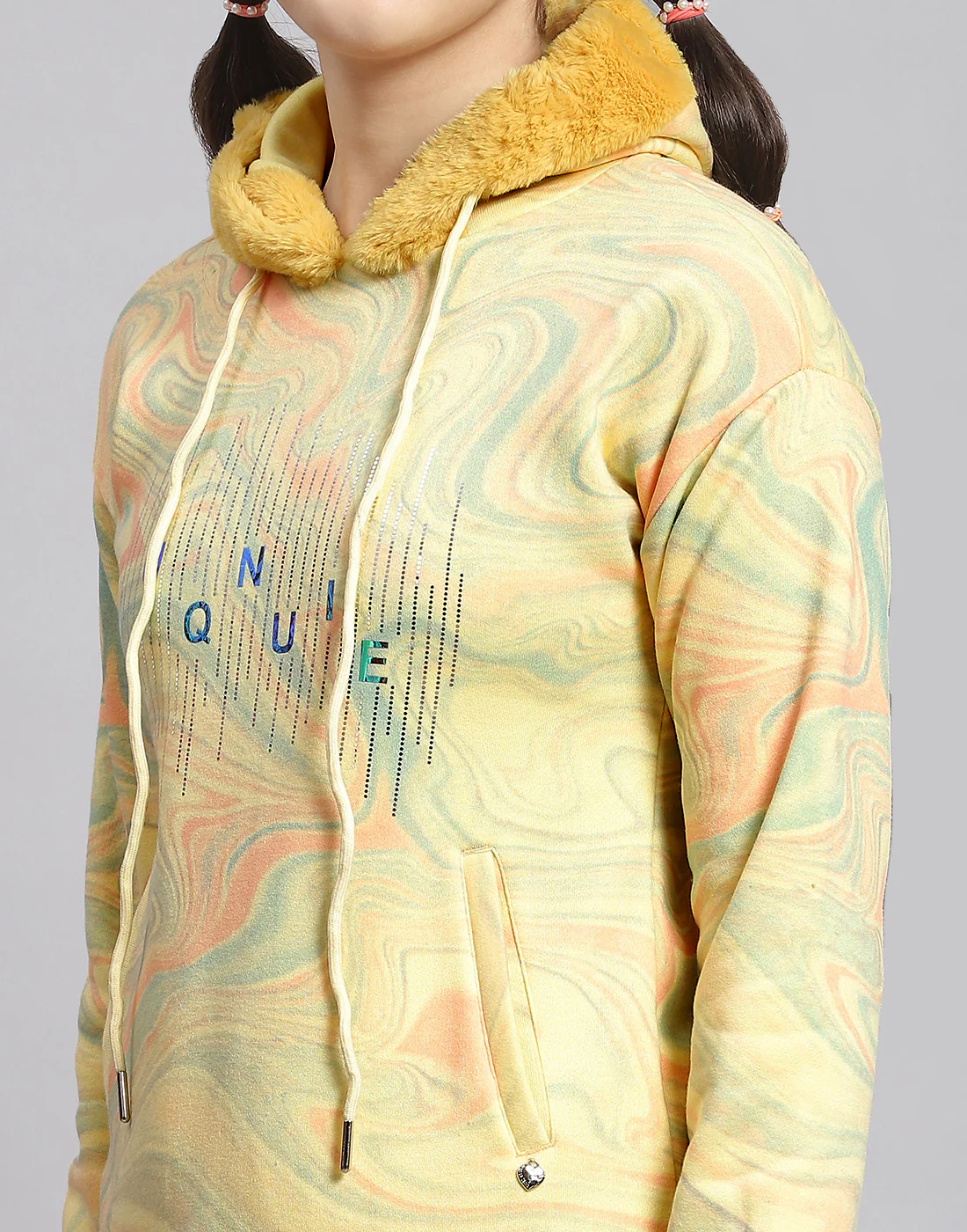 Girls Yellow Printed Hooded Full Sleeve Sweatshirt - Image 6