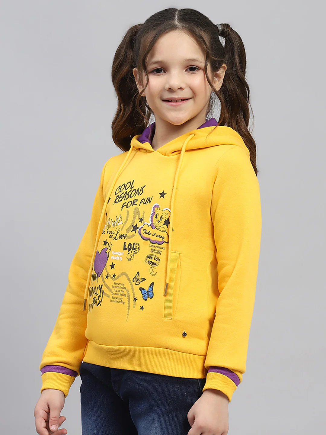 Girls Yellow Printed Hooded Full Sleeve Sweatshirt - Image 2