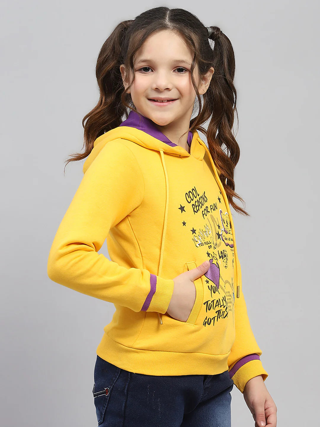 Girls Yellow Printed Hooded Full Sleeve Sweatshirt - Image 3