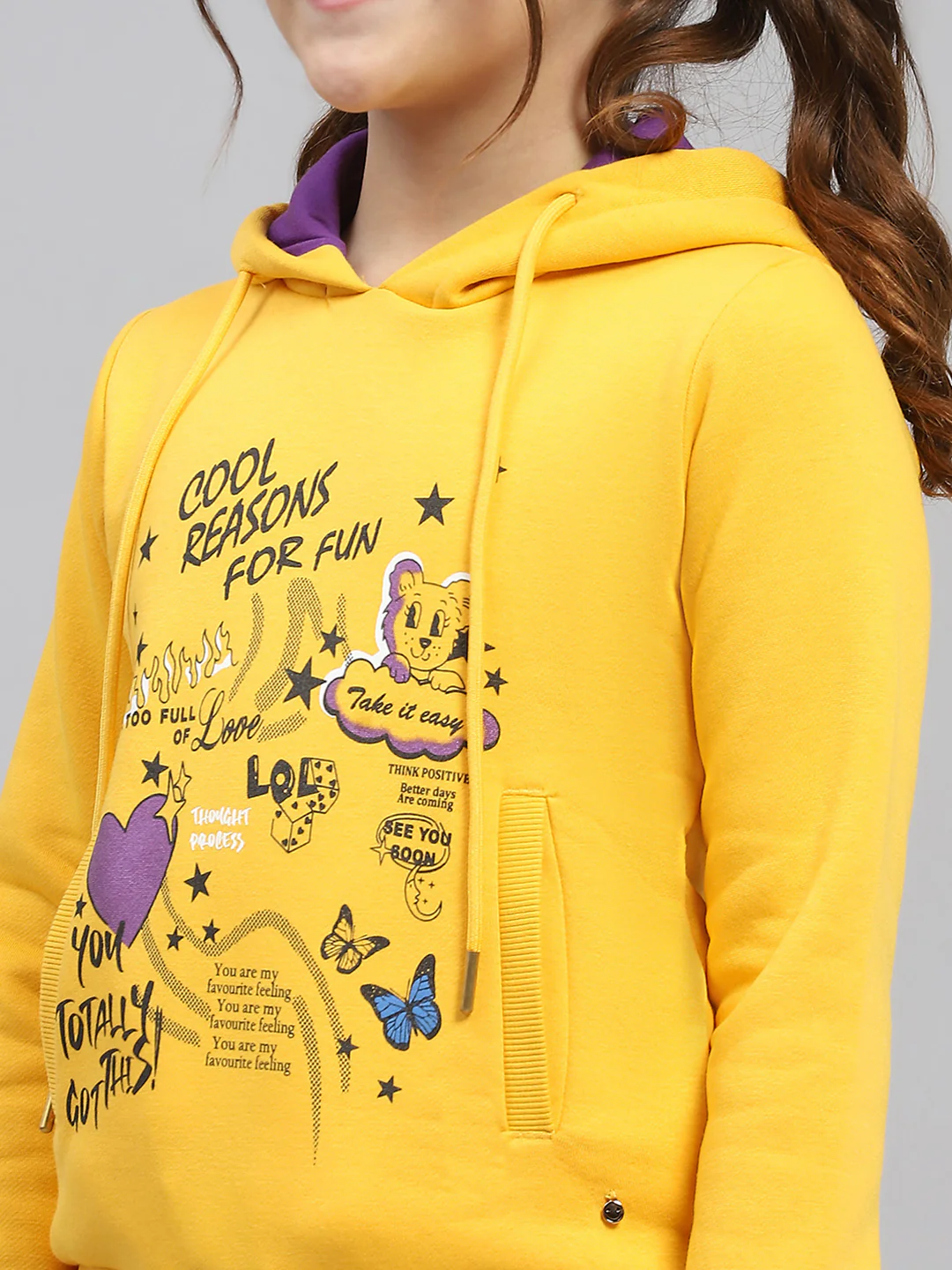 Girls Yellow Printed Hooded Full Sleeve Sweatshirt - Image 7