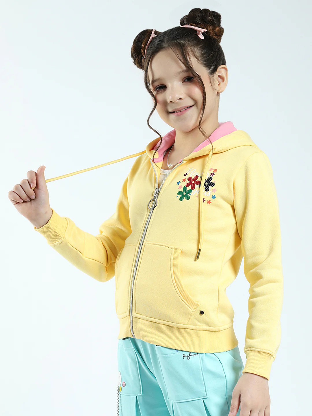 Girls Yellow Printed Hooded Full Sleeve Sweatshirt - Image 3