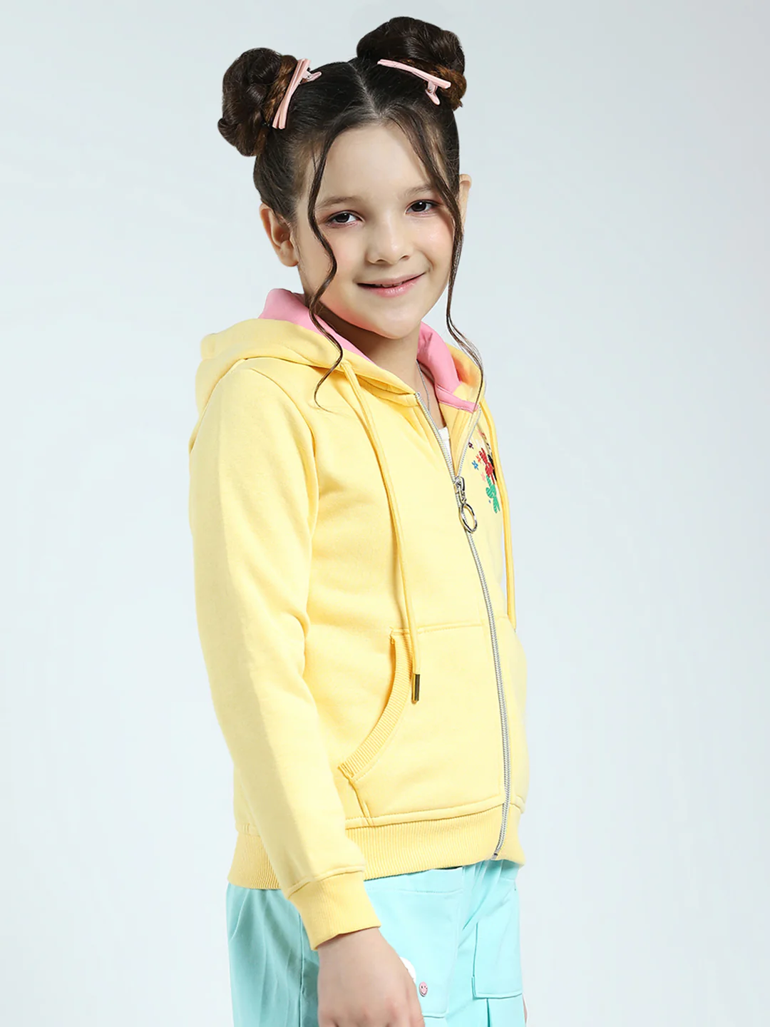 Girls Yellow Printed Hooded Full Sleeve Sweatshirt - Image 4