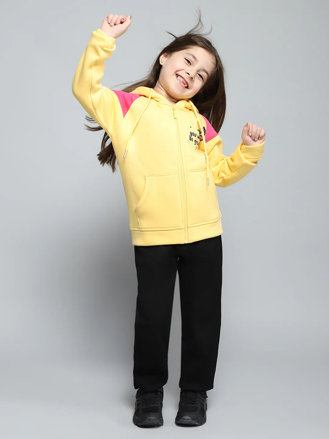 Girls Yellow Printed Hooded Full Sleeve Sweatshirt - Image 2