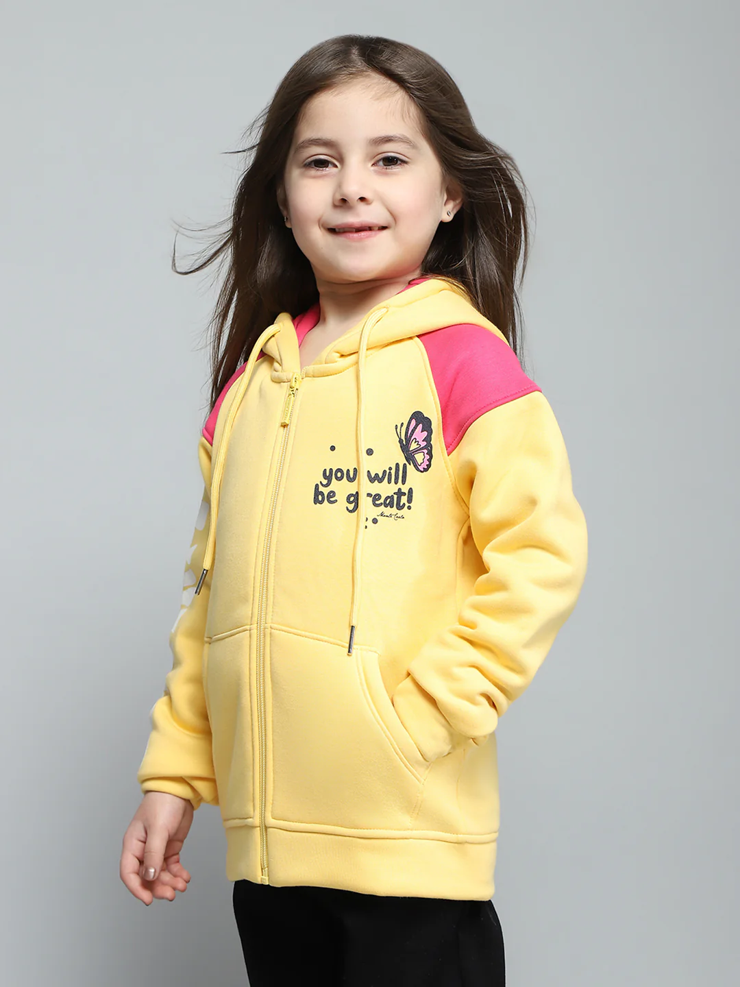 Girls Yellow Printed Hooded Full Sleeve Sweatshirt - Image 3