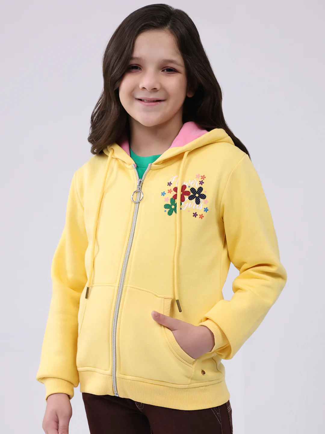 Girls Yellow Printed Hooded Full Sleeve Sweatshirt - Image 3