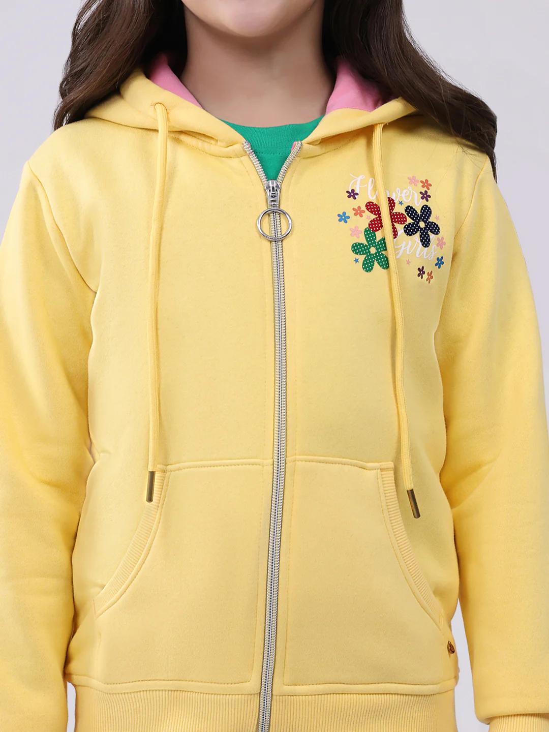Girls Yellow Printed Hooded Full Sleeve Sweatshirt - Image 6