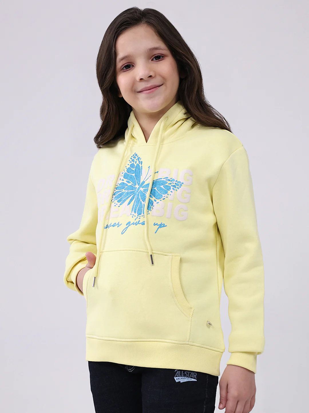 Girls Yellow Printed Hooded Full Sleeve Sweatshirt - Image 3