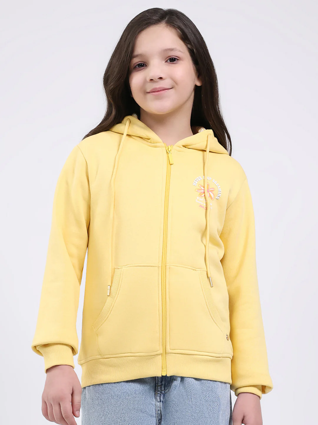 Girls Yellow Printed Hooded Full Sleeve Sweatshirt