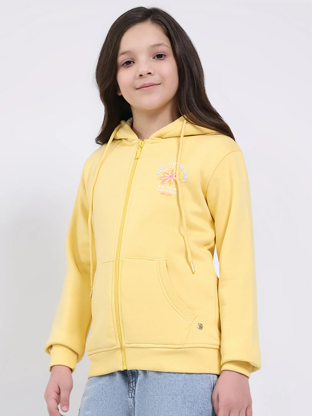 Girls Yellow Printed Hooded Full Sleeve Sweatshirt - Image 3