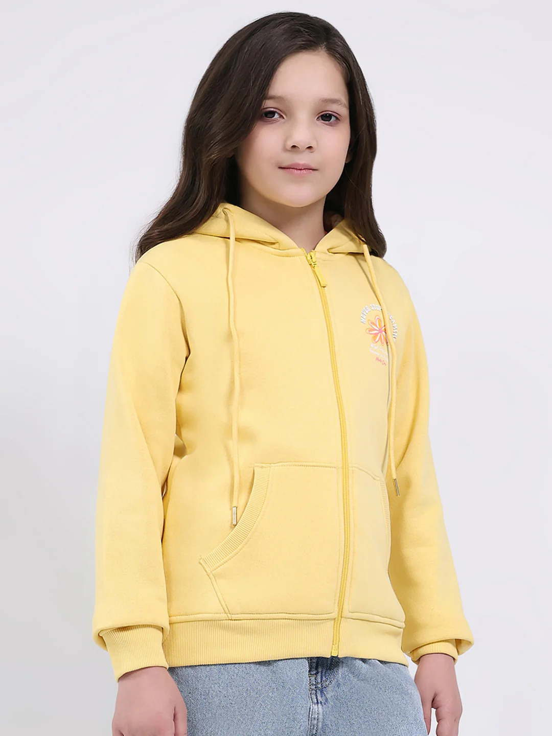 Girls Yellow Printed Hooded Full Sleeve Sweatshirt - Image 4