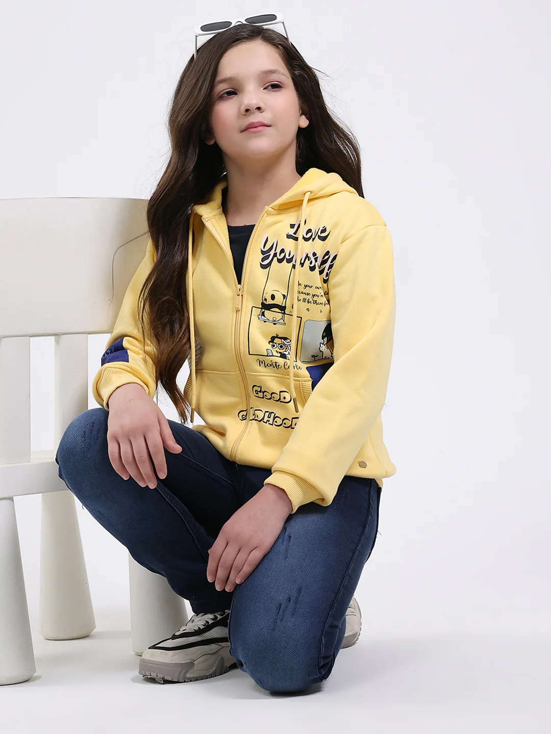 Girls Yellow Printed Hooded Full Sleeve Sweatshirt - Image 2