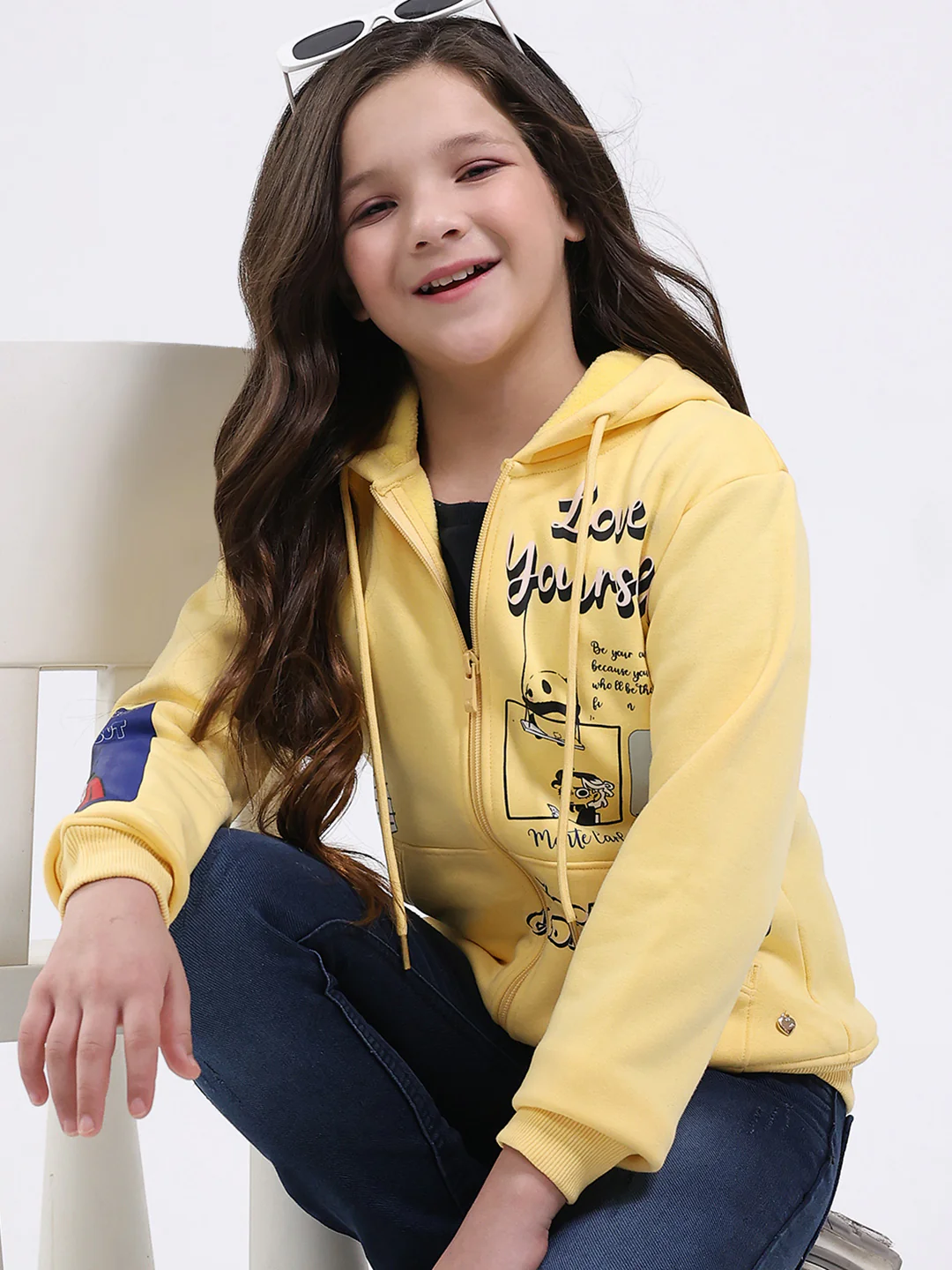 Girls Yellow Printed Hooded Full Sleeve Sweatshirt - Image 6