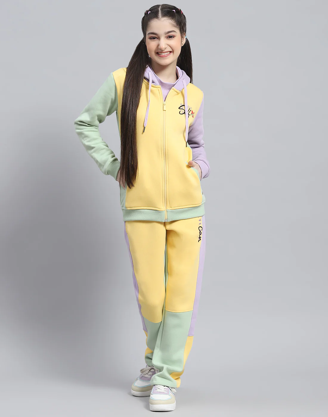 Girls Yellow Printed Hooded Full Sleeve Tracksuit - Image 2
