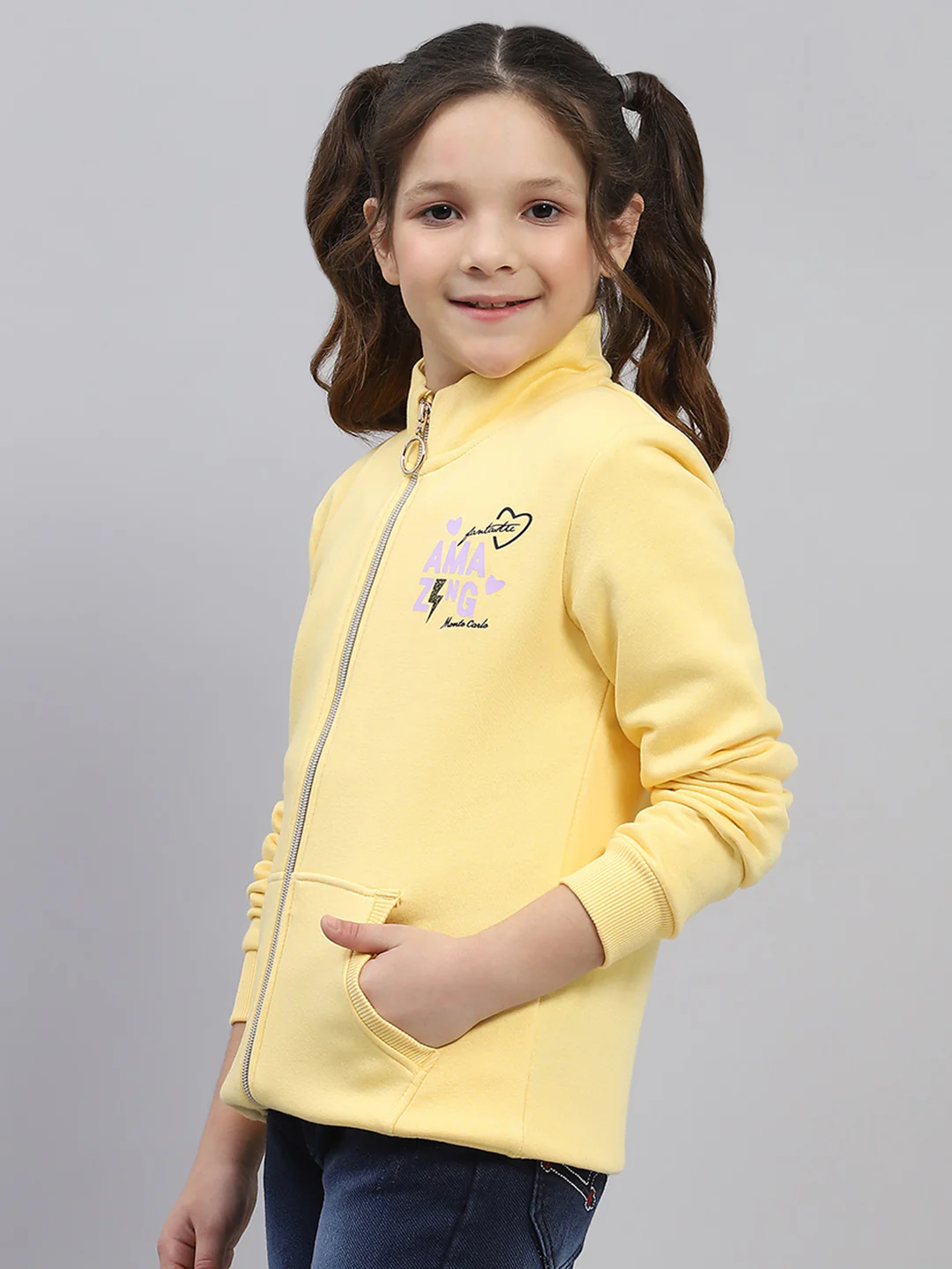 Girls Yellow Printed Mock Neck Full Sleeve Sweatshirt - Image 3