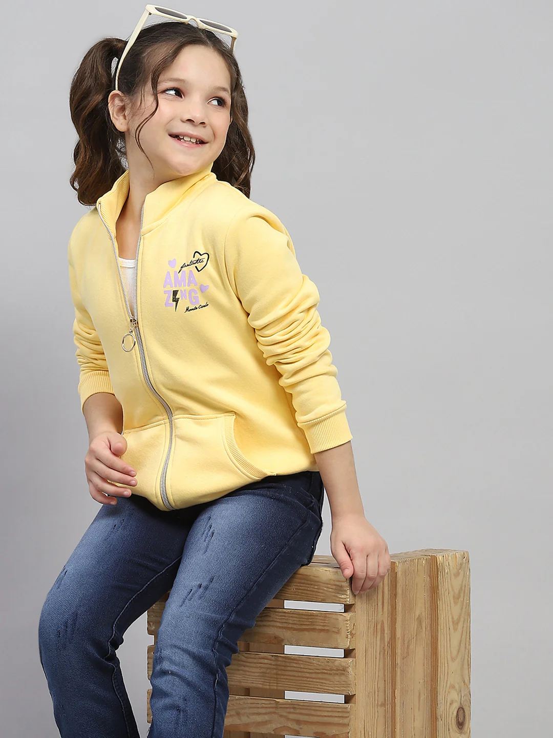Girls Yellow Printed Mock Neck Full Sleeve Sweatshirt - Image 6