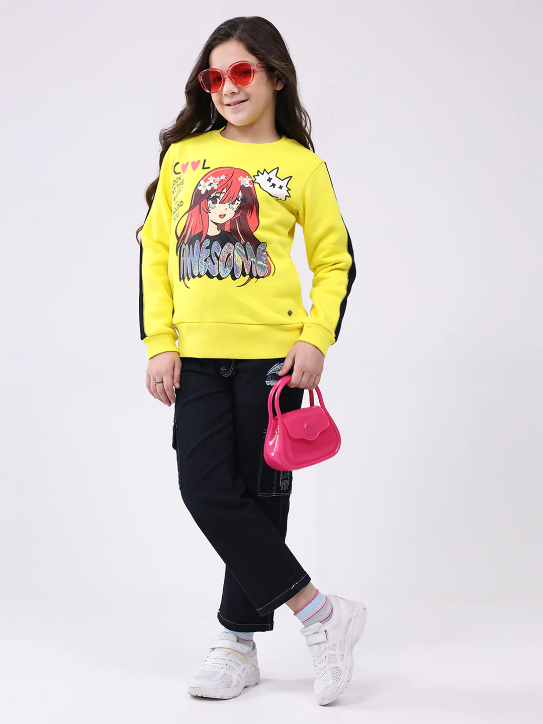Girls Yellow Printed Round Neck Full Sleeve Sweatshirt - Image 2