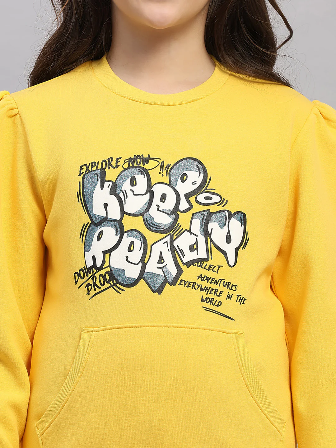 Girls Yellow Printed Round Neck Full Sleeve Sweatshirt - Image 6