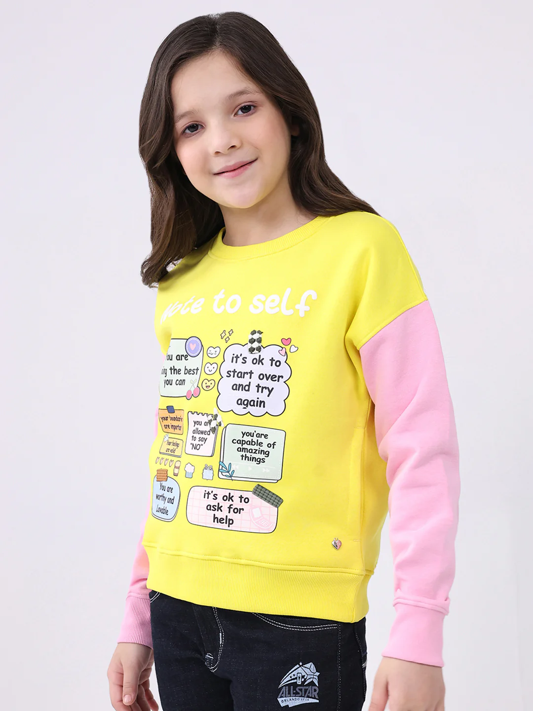 Girls Yellow Printed Round Neck Full Sleeve Sweatshirt - Image 3