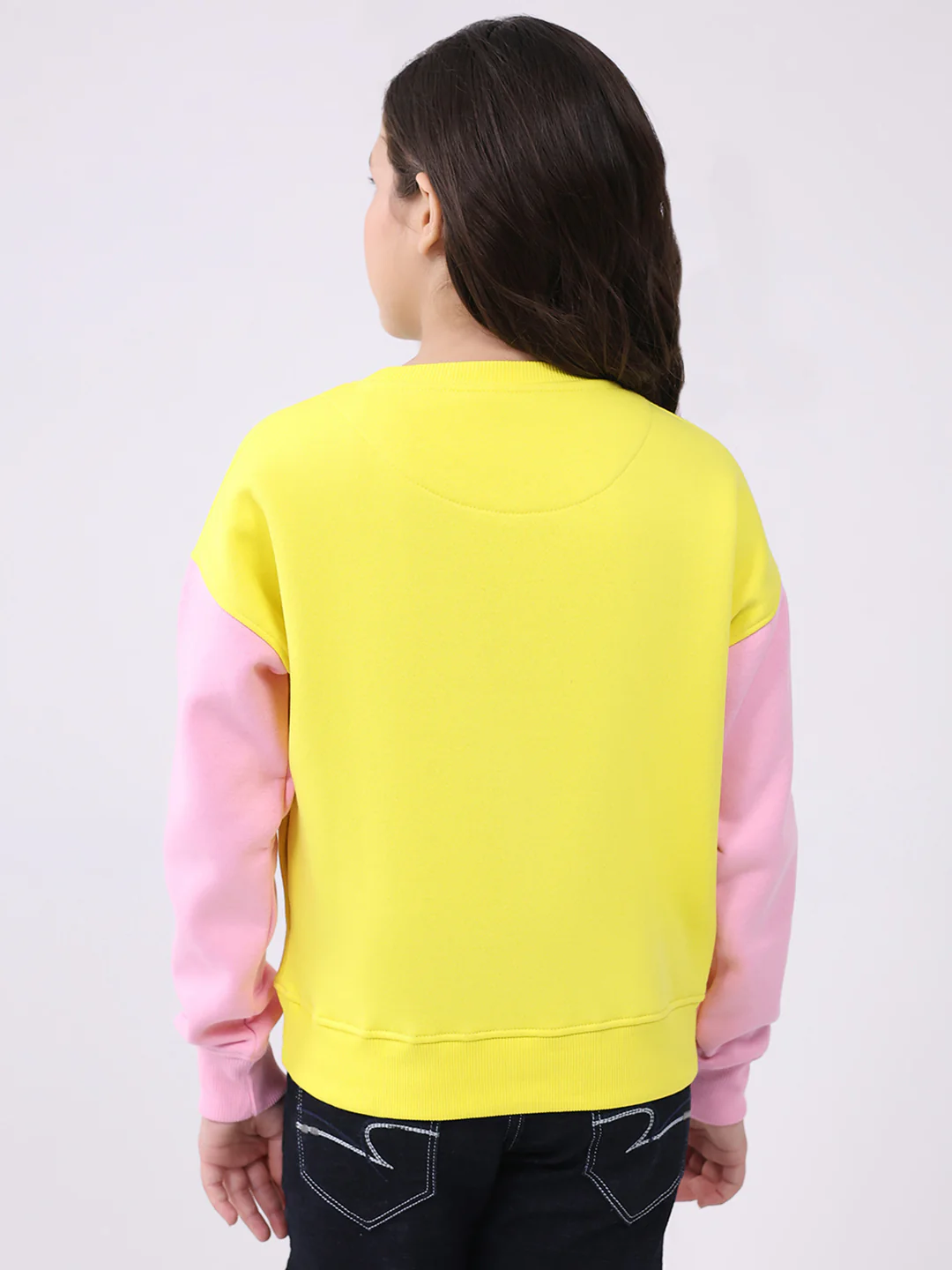 Girls Yellow Printed Round Neck Full Sleeve Sweatshirt - Image 5