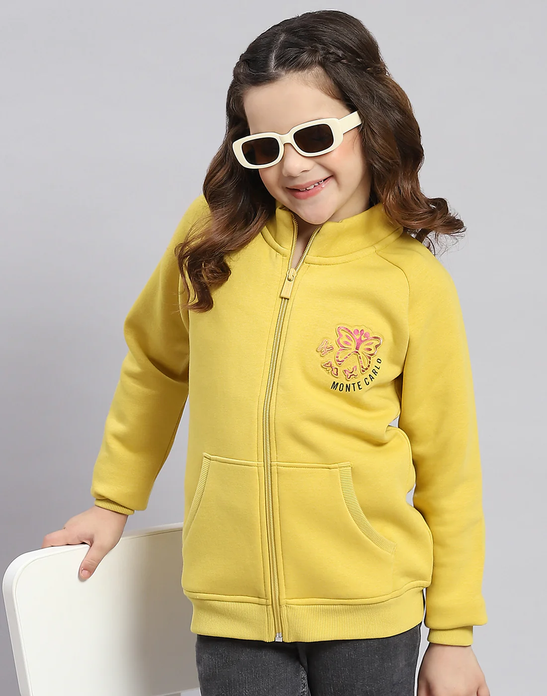 Girls Yellow Printed Stand Collar Full Sleeve Sweatshirt - Image 2