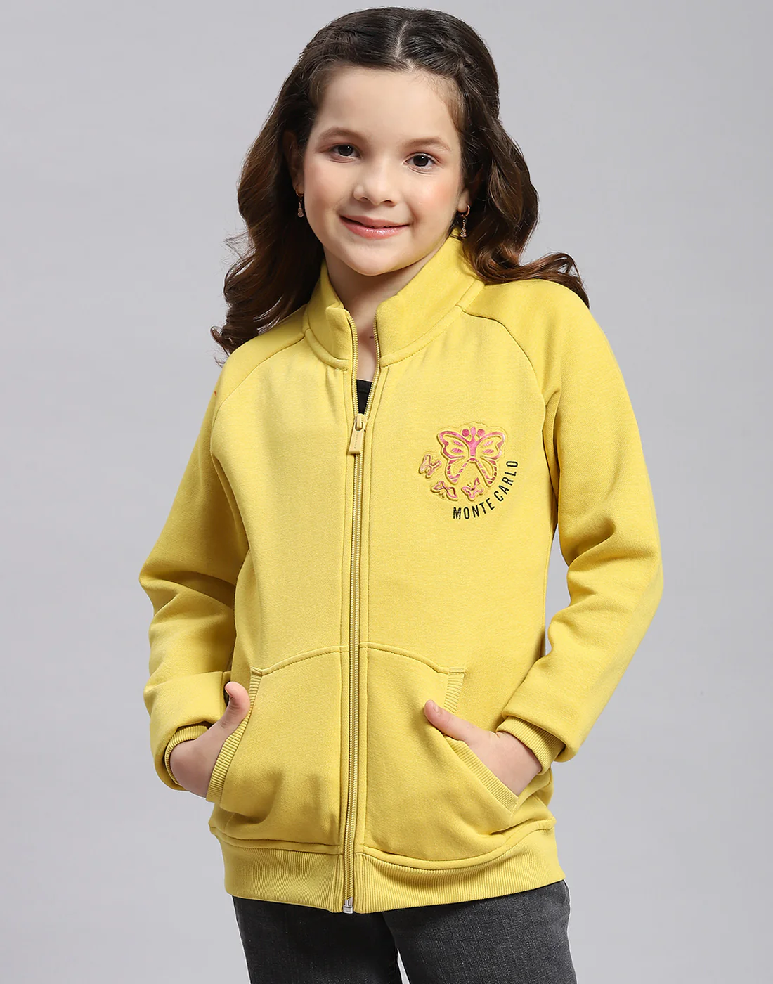 Girls Yellow Printed Stand Collar Full Sleeve Sweatshirt - Image 3