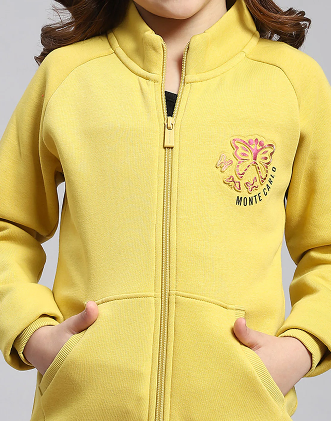 Girls Yellow Printed Stand Collar Full Sleeve Sweatshirt - Image 8