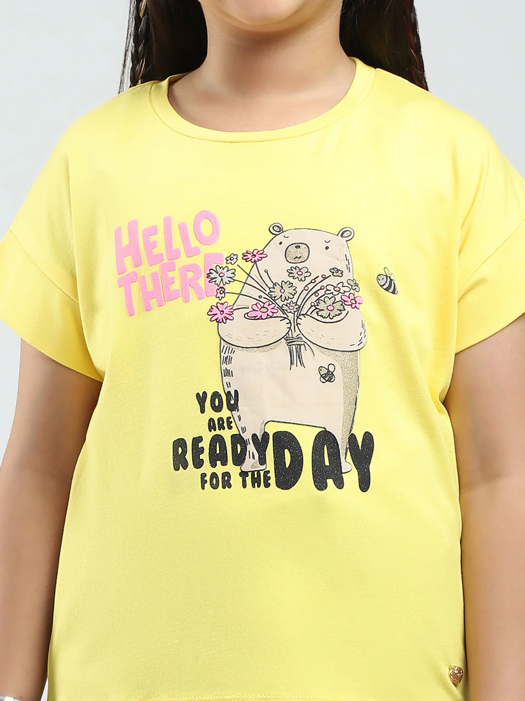 Girls Yellow Printed Round Neck Half Sleeve Top - Image 6