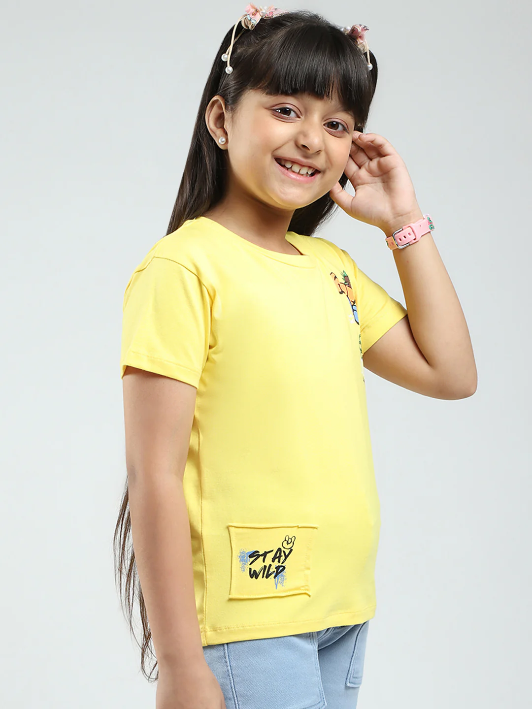 Girls Yellow Printed Round Neck Half Sleeve Top - Image 4
