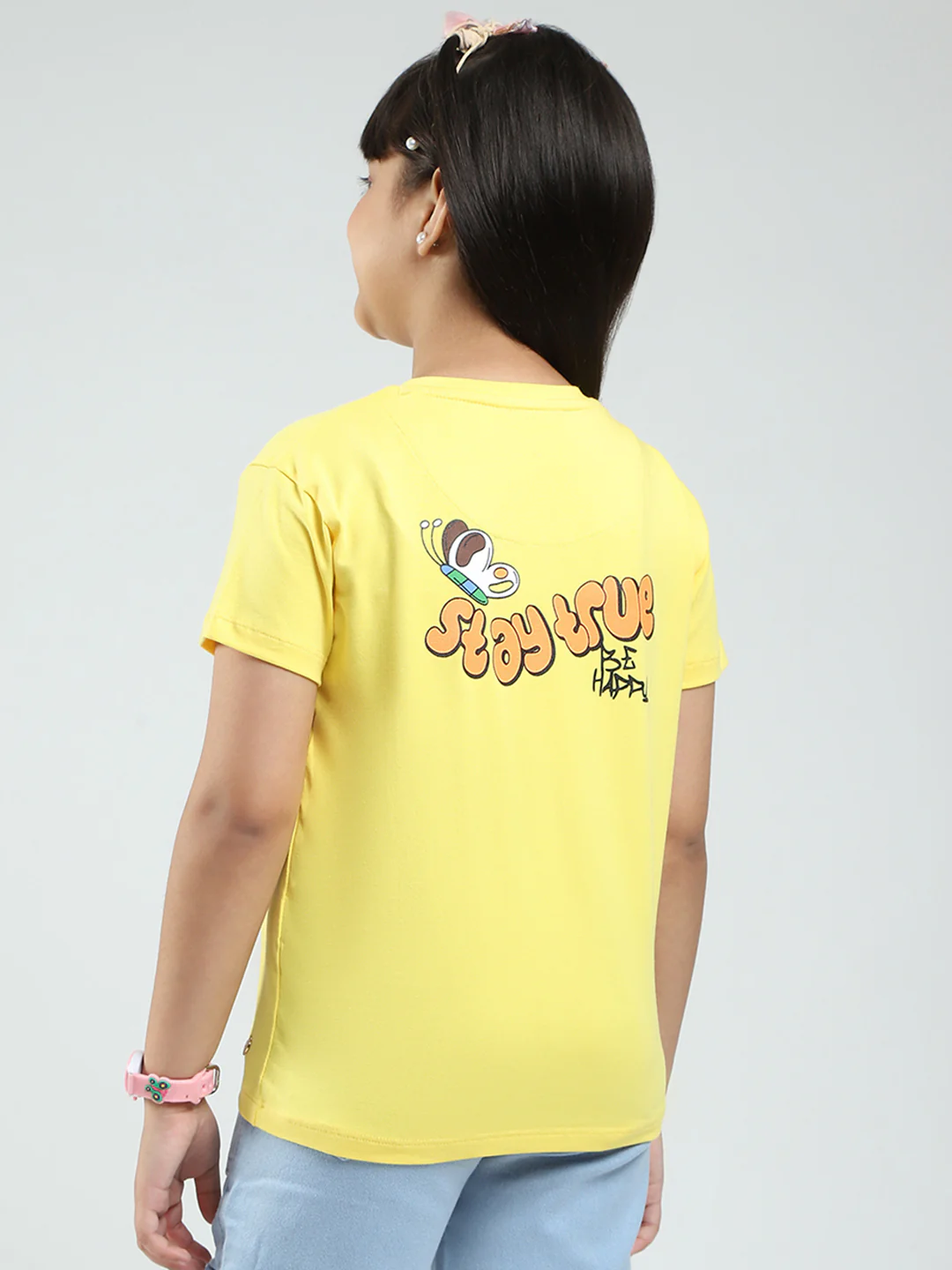 Girls Yellow Printed Round Neck Half Sleeve Top - Image 5