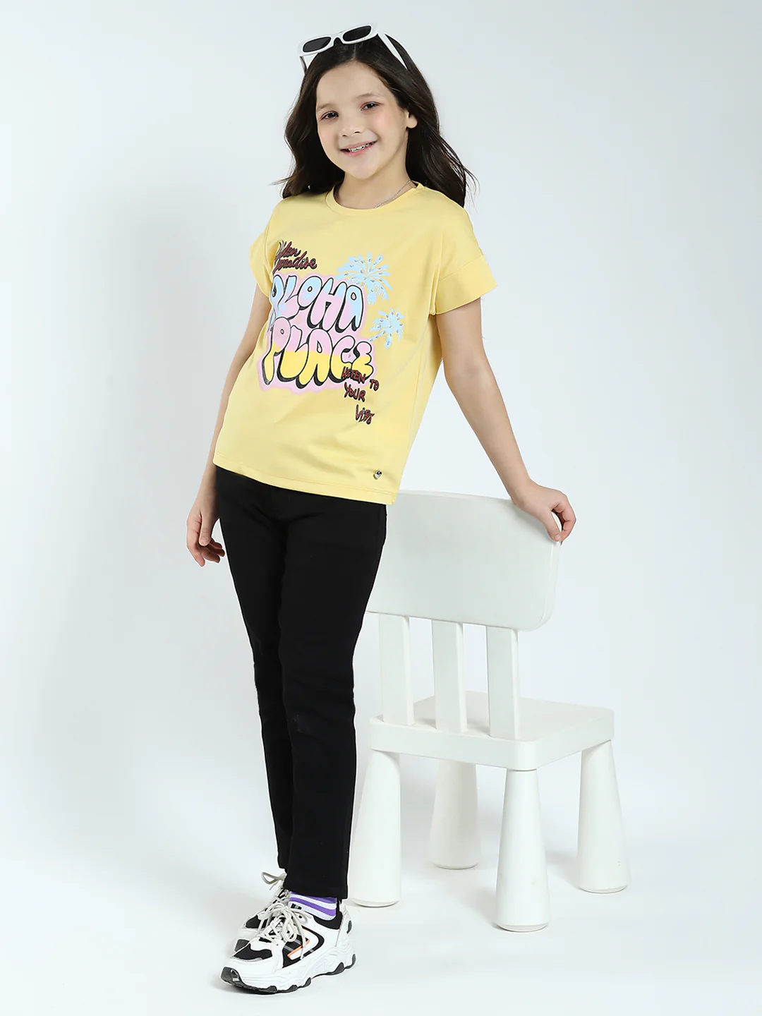 Girls Yellow Printed Round Neck Half Sleeve Top - Image 2