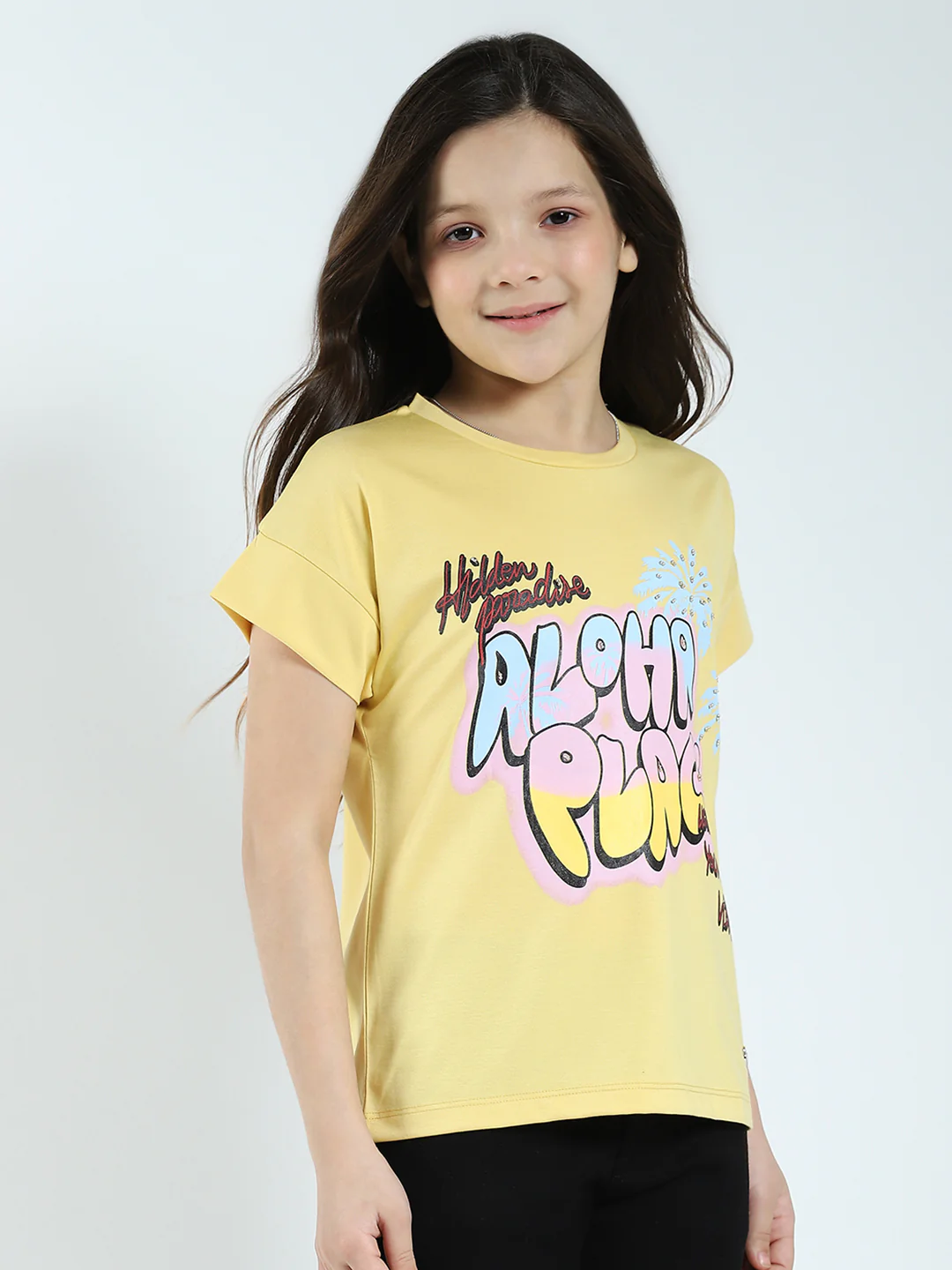 Girls Yellow Printed Round Neck Half Sleeve Top - Image 4