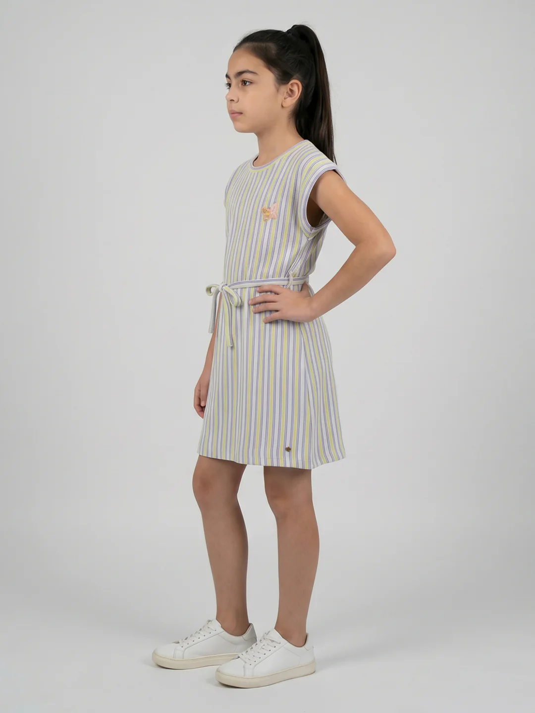 Girls Yellow Stripe Round Neck Half Sleeve Dress - Image 3