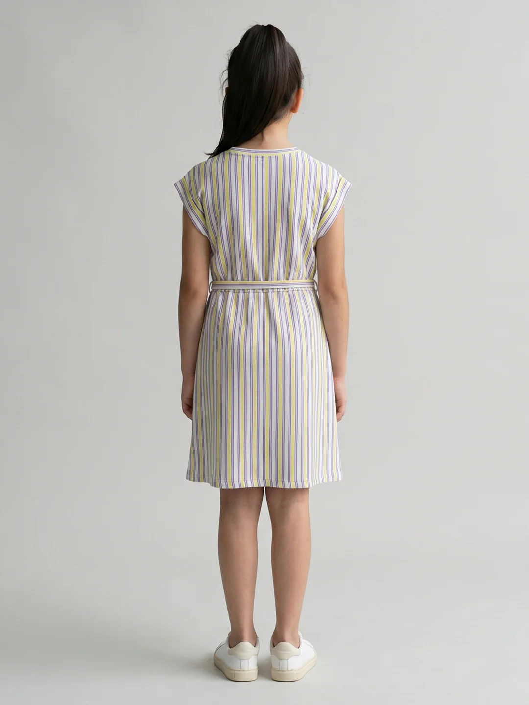 Girls Yellow Stripe Round Neck Half Sleeve Dress - Image 4