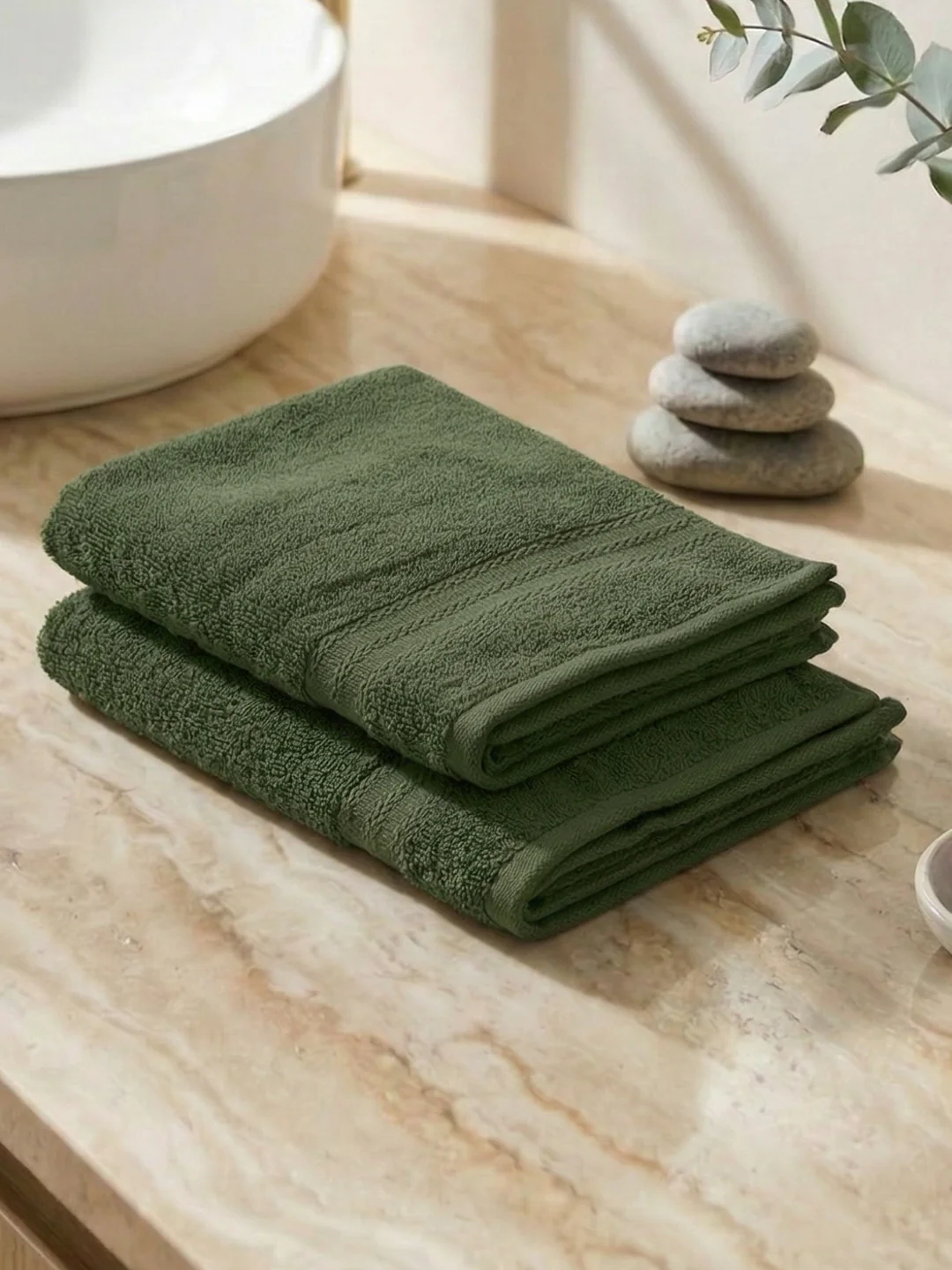 Green Pure Cotton Solid 380 GSM Hand Towel 2 Pc Set (Jazz Collection) - Image 2