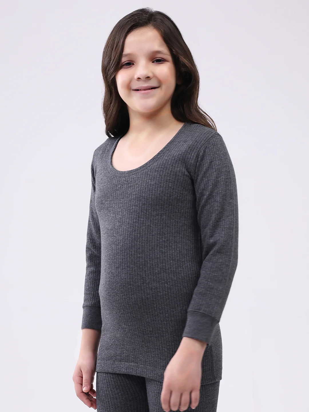 Kids-Unisex Charcoal Solid Round Neck Full Sleeve Thermal Vest - Image 3
