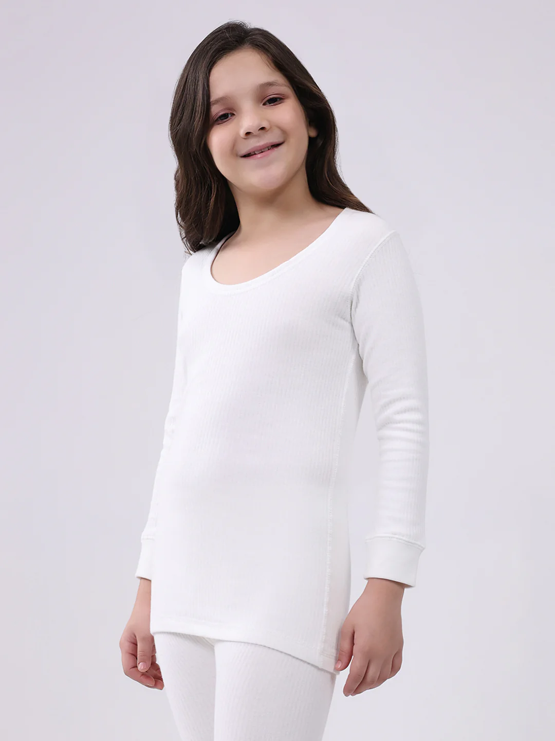 Kids-Unisex White Solid Round Neck Full Sleeve Thermal Vest - Image 3