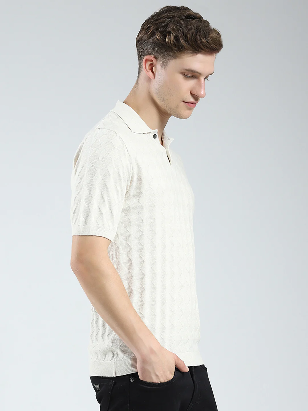 Luxuria Men Beige Self Design Collar Half Sleeve T-Shirt - Image 4