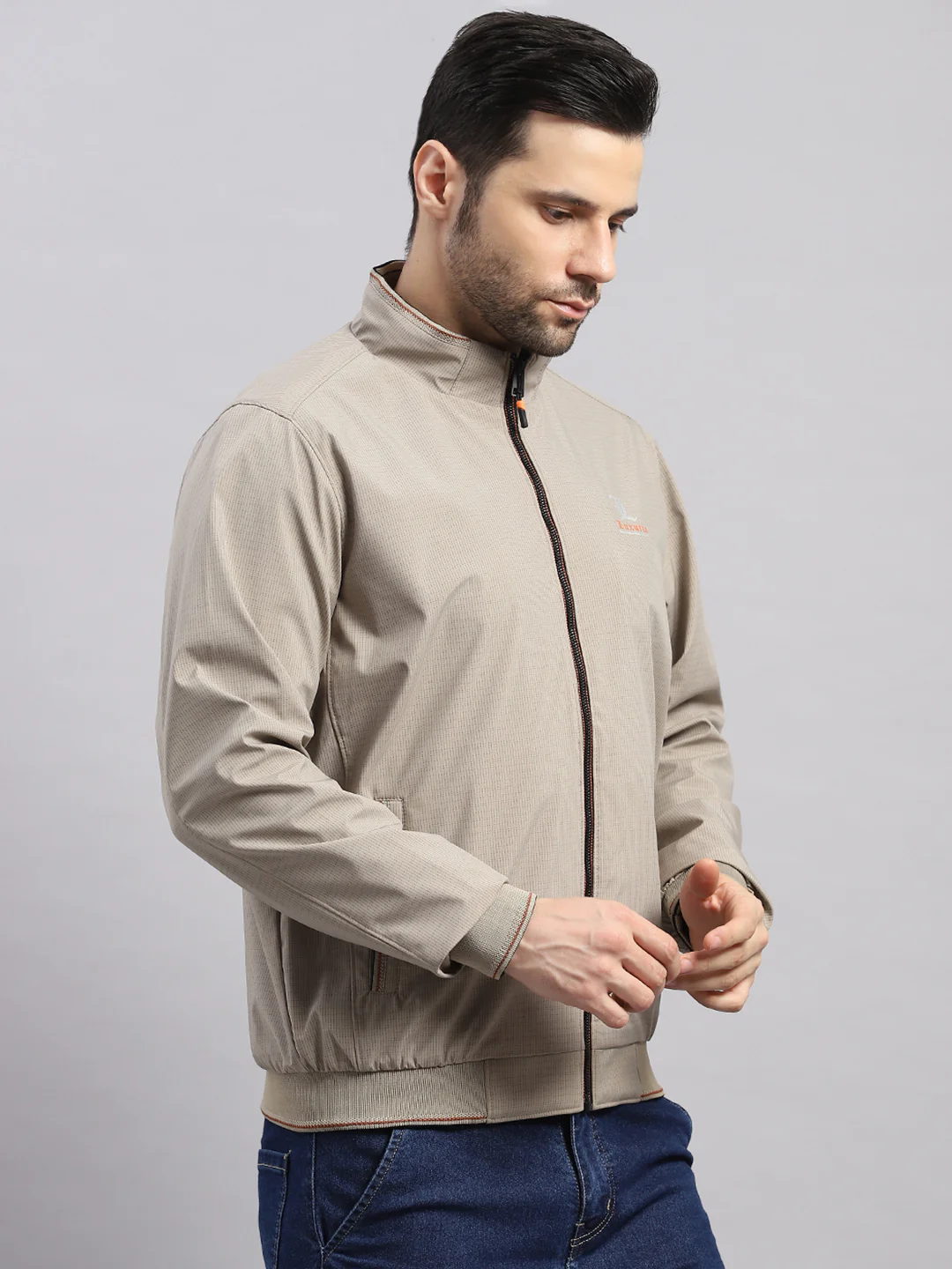 Luxuria Men Beige Solid Stand Collar Full Sleeve Jacket - Image 4
