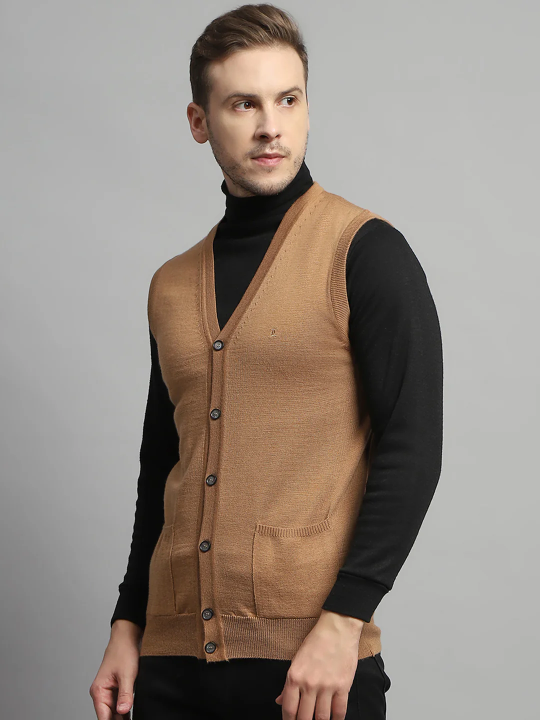 Luxuria Men Beige Solid V Neck Sleeveless Cardigan - Image 3