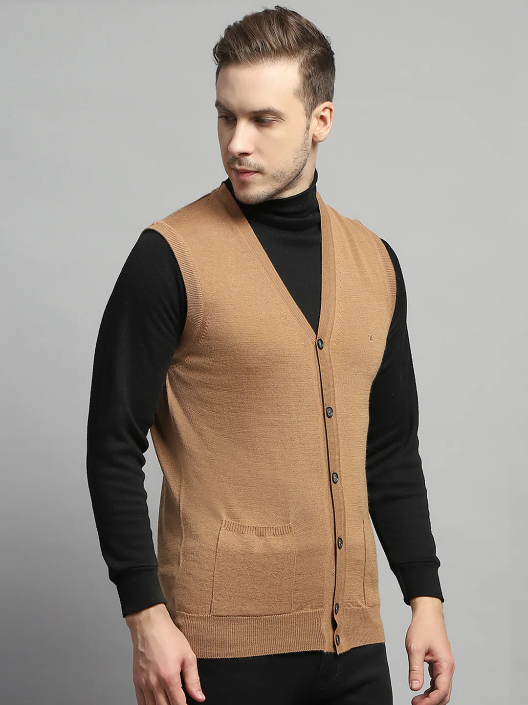 Luxuria Men Beige Solid V Neck Sleeveless Cardigan - Image 4