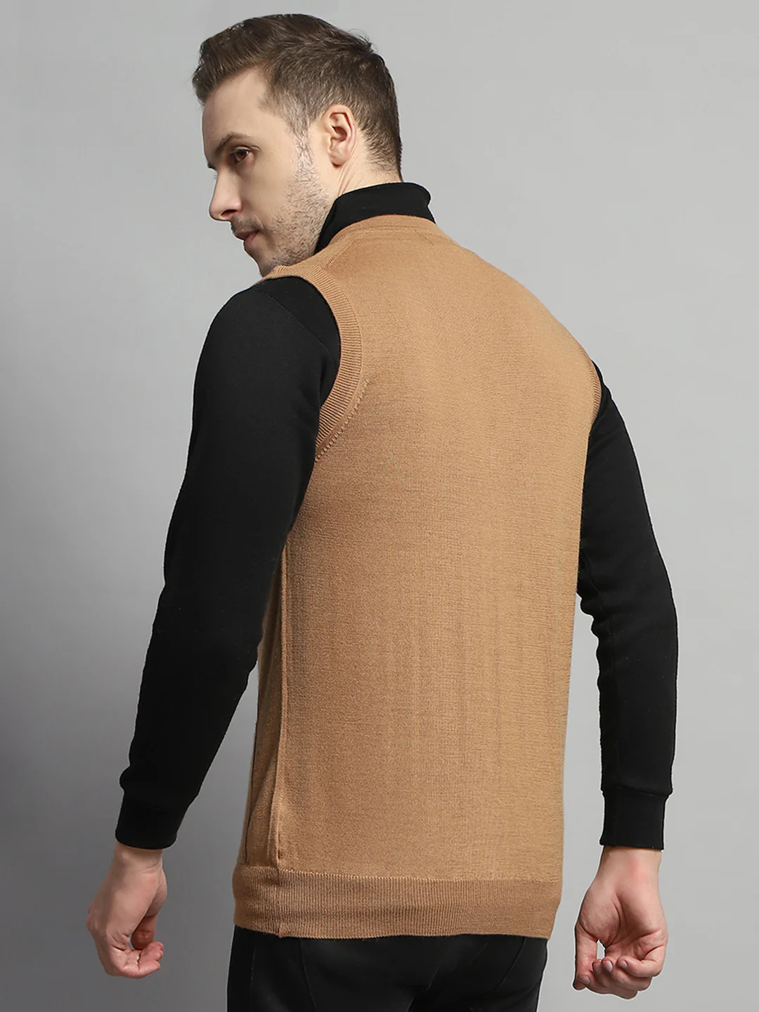Luxuria Men Beige Solid V Neck Sleeveless Cardigan - Image 5